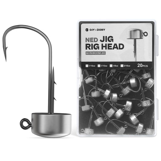 Ned Rig Jig Heads, 20 Pack Finesse Mushroom Jig Hooks Kit for Bass Fishing 1/16 3/32 1/8 3/16oz