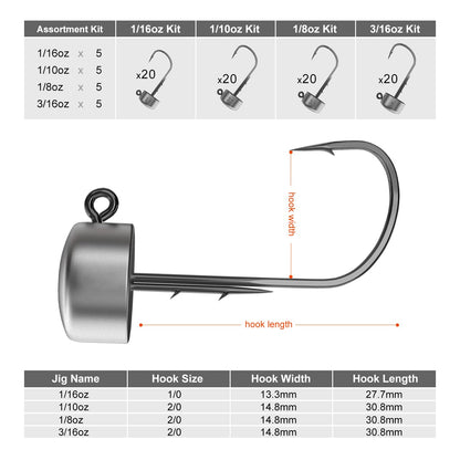 Ned Rig Jig Heads, 20 Pack Finesse Mushroom Jig Hooks Kit for Bass Fishing 1/16 3/32 1/8 3/16oz