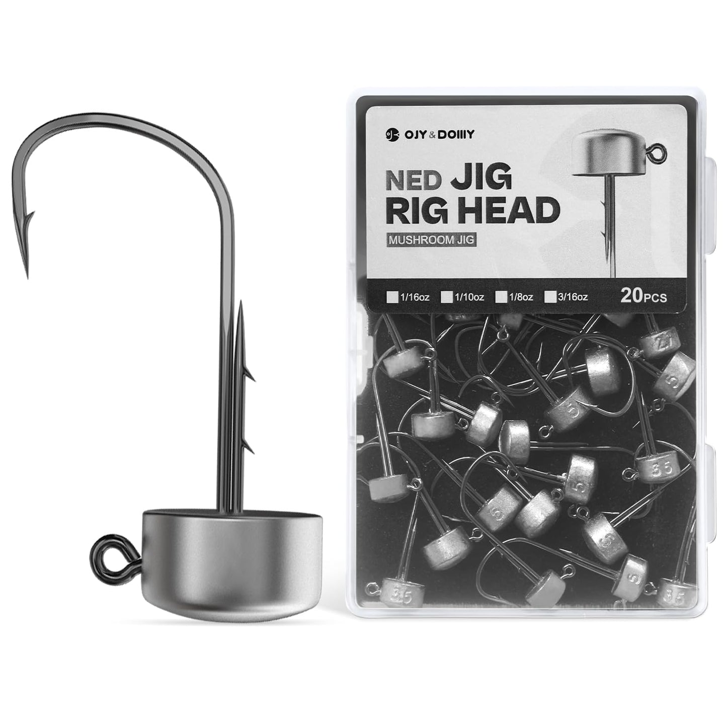 Ned Rig Jig Heads, 20 Pack Finesse Mushroom Jig Hooks Kit for Bass Fishing 1/16 3/32 1/8 3/16oz