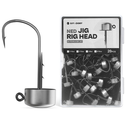 Ned Rig Jig Heads, 20 Pack Finesse Mushroom Jig Hooks Kit for Bass Fishing 1/16 3/32 1/8 3/16oz