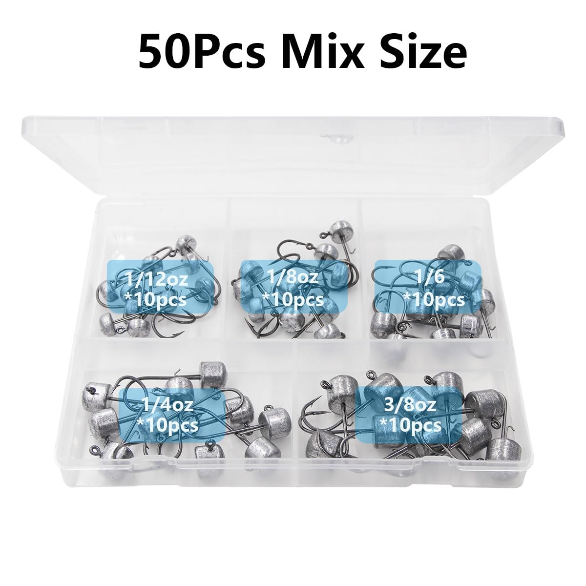 50 Pack Ned Rig Jig Hook Kits, Jig Heads for Soft Lures, Standard Fishing Jig Hooks, 3/8oz 1/8oz 1/6oz 1/4oz