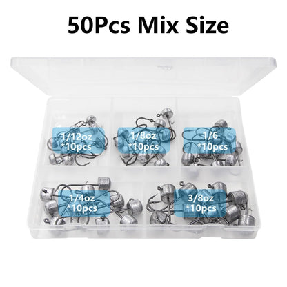 50 Pack Ned Rig Jig Hook Kits, Jig Heads for Soft Lures, Standard Fishing Jig Hooks, 3/8oz 1/8oz 1/6oz 1/4oz