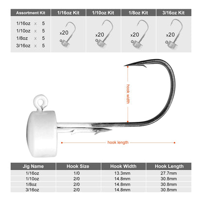 Ned Rig Jig Heads, 20 Pack Finesse Mushroom Jig Hooks Kit for Bass Fishing 1/16 3/32 1/8 3/16oz