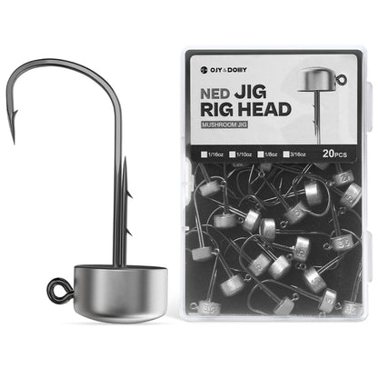 Ned Rig Jig Heads, 20 Pack Finesse Mushroom Jig Hooks Kit for Bass Fishing 1/16 3/32 1/8 3/16oz