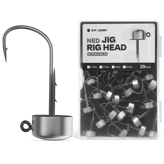 Ned Rig Jig Heads, 20 Pack Finesse Mushroom Jig Hooks Kit for Bass Fishing 1/16 3/32 1/8 3/16oz
