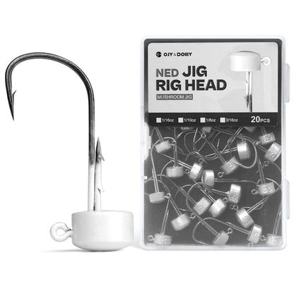 Ned Rig Jig Heads, 20 Pack Finesse Mushroom Jig Hooks Kit for Bass Fishing 1/16 3/32 1/8 3/16oz