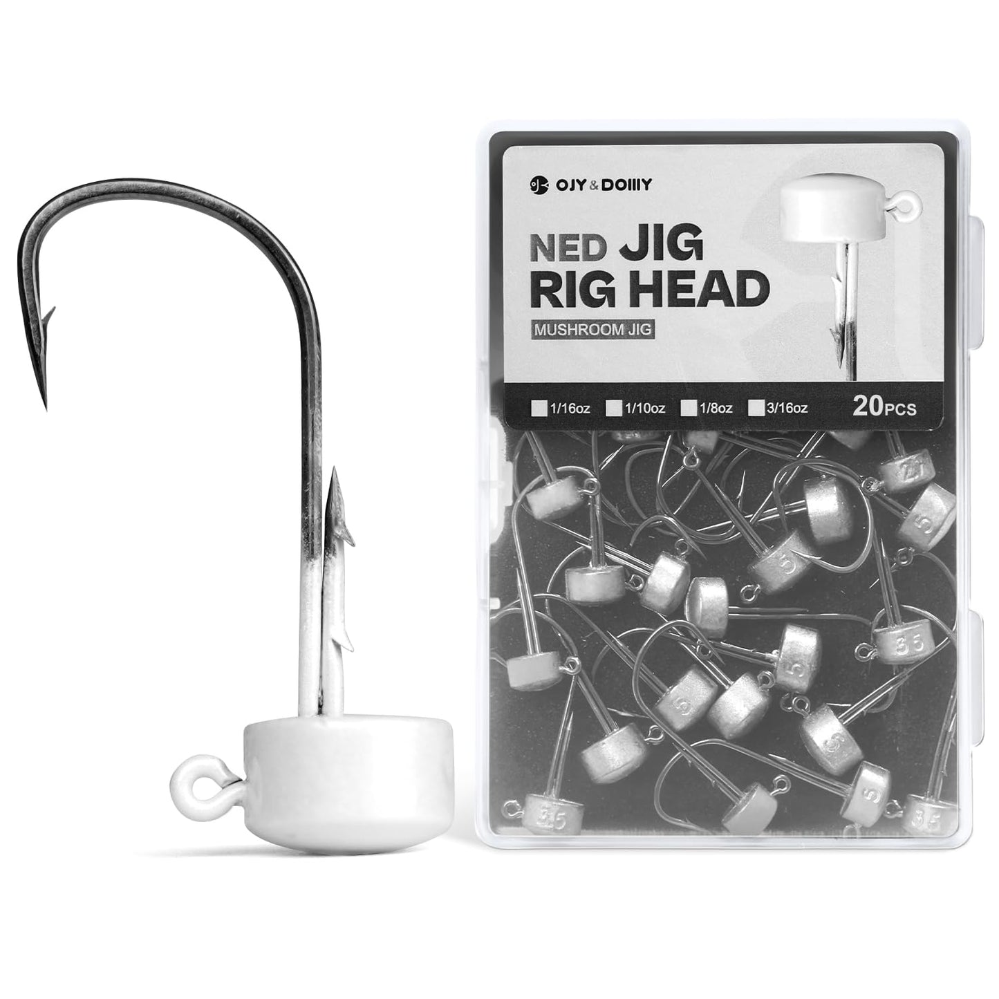 Ned Rig Jig Heads, 20 Pack Finesse Mushroom Jig Hooks Kit for Bass Fishing 1/16 3/32 1/8 3/16oz
