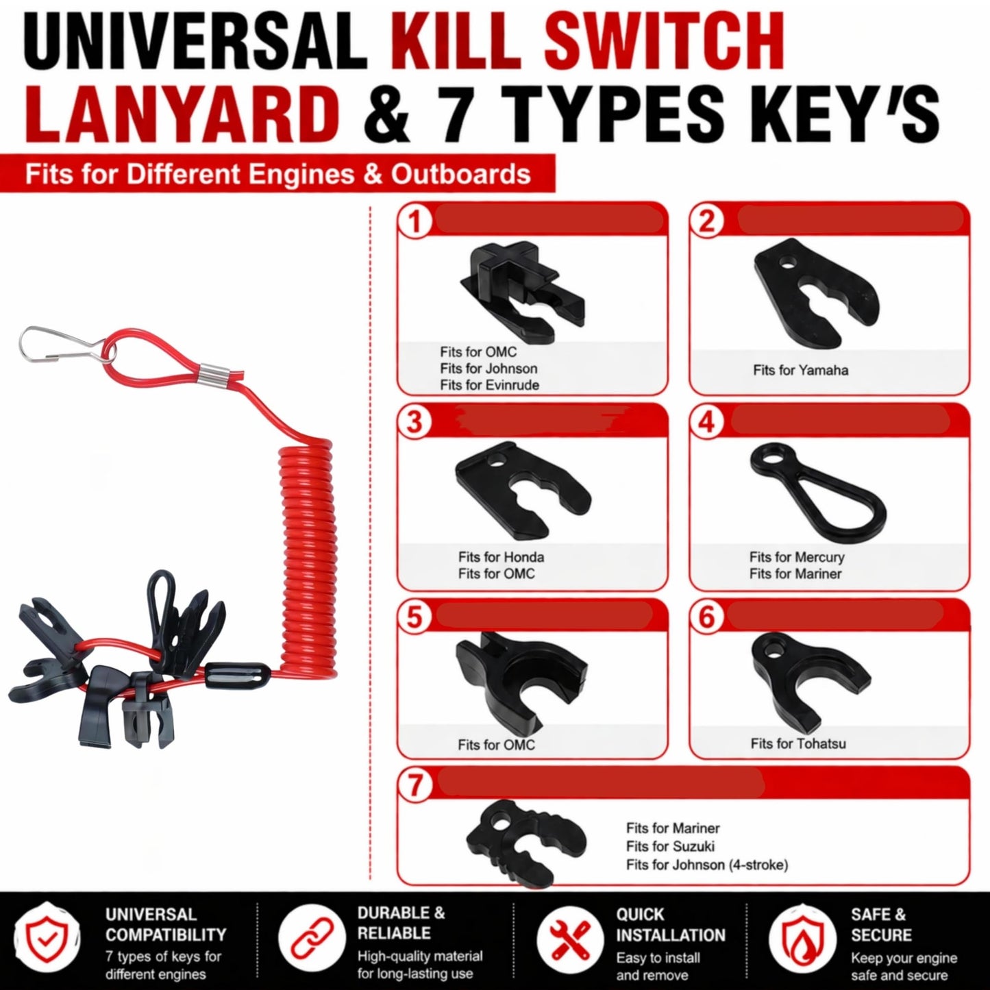Boat Engine Safety Kill Stop Switch Lanyard