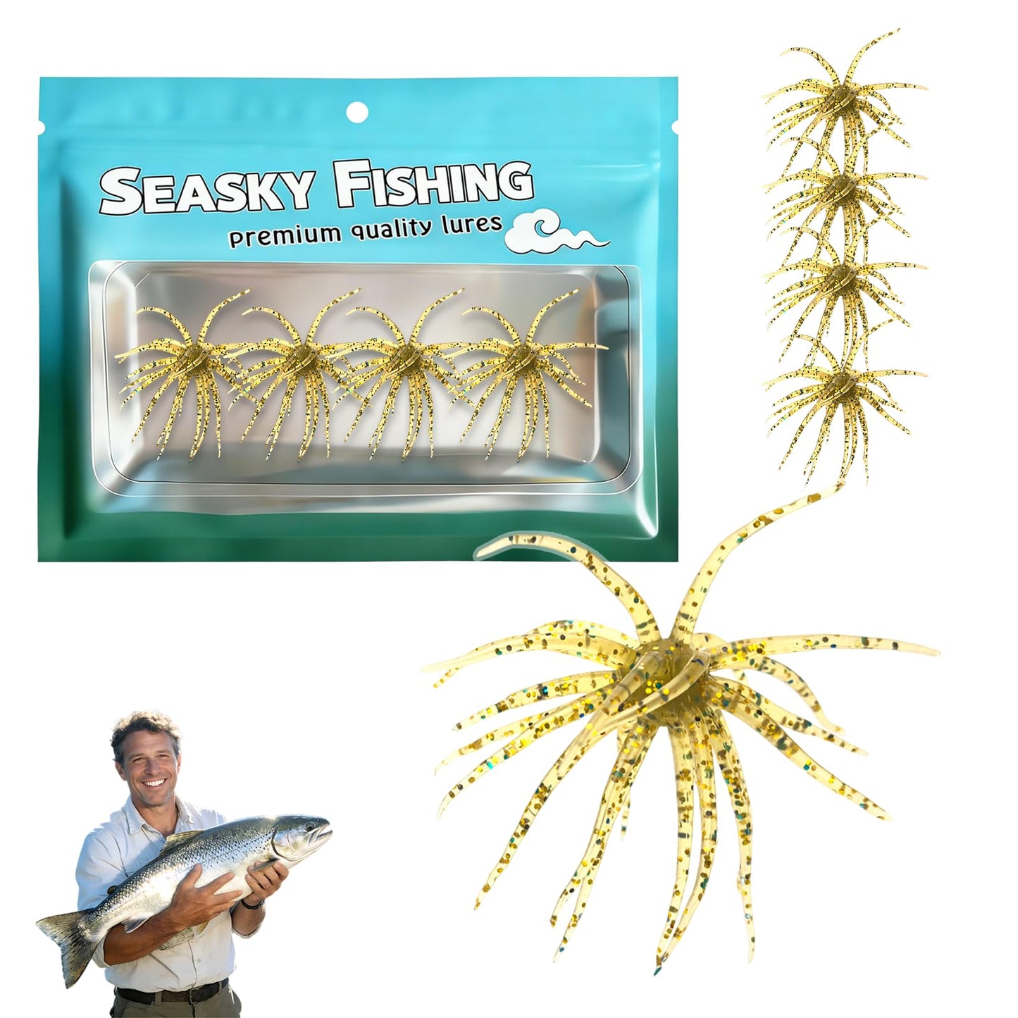 4Pcs Dice Bait, Floating TPR Swimbait with Reflective Stars,Tentacle Creature Lure, Sea Urchin Style Soft Plastic Baits, for Bass Fishing Drop Shot, Wacky Rig/Neko Rig and Finesse, Slow Sinking