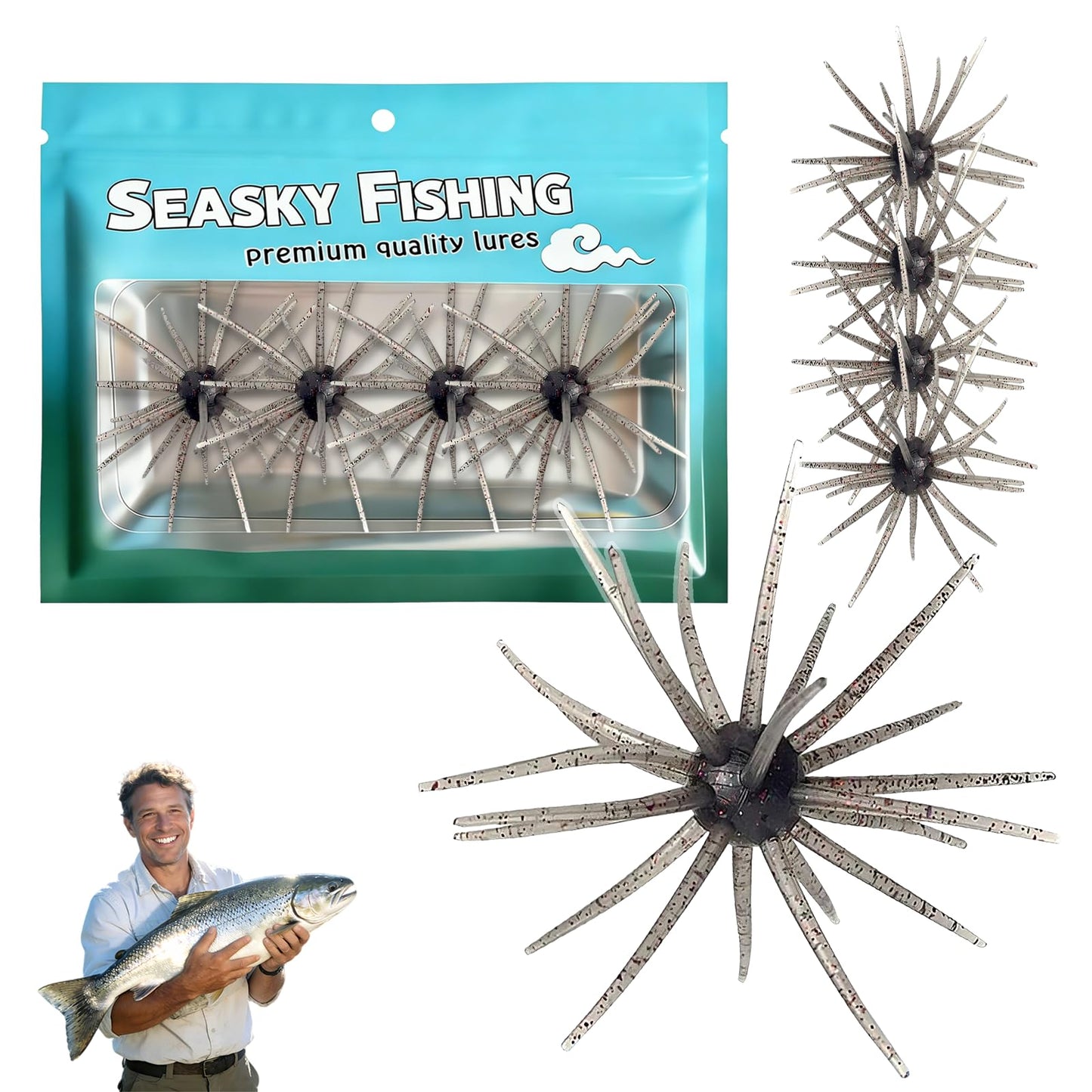 4Pcs Dice Bait, Floating TPR Swimbait with Reflective Stars,Tentacle Creature Lure, Sea Urchin Style Soft Plastic Baits, for Bass Fishing Drop Shot, Wacky Rig/Neko Rig and Finesse, Slow Sinking