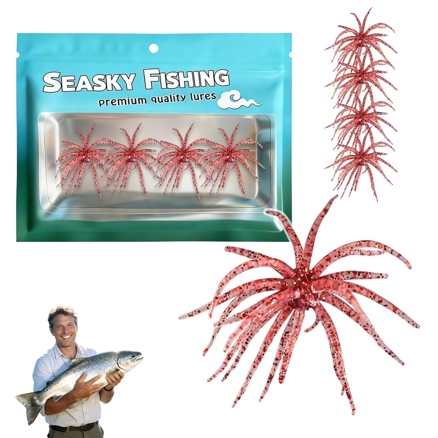 4Pcs Dice Bait, Floating TPR Swimbait with Reflective Stars,Tentacle Creature Lure, Sea Urchin Style Soft Plastic Baits, for Bass Fishing Drop Shot, Wacky Rig/Neko Rig and Finesse, Slow Sinking