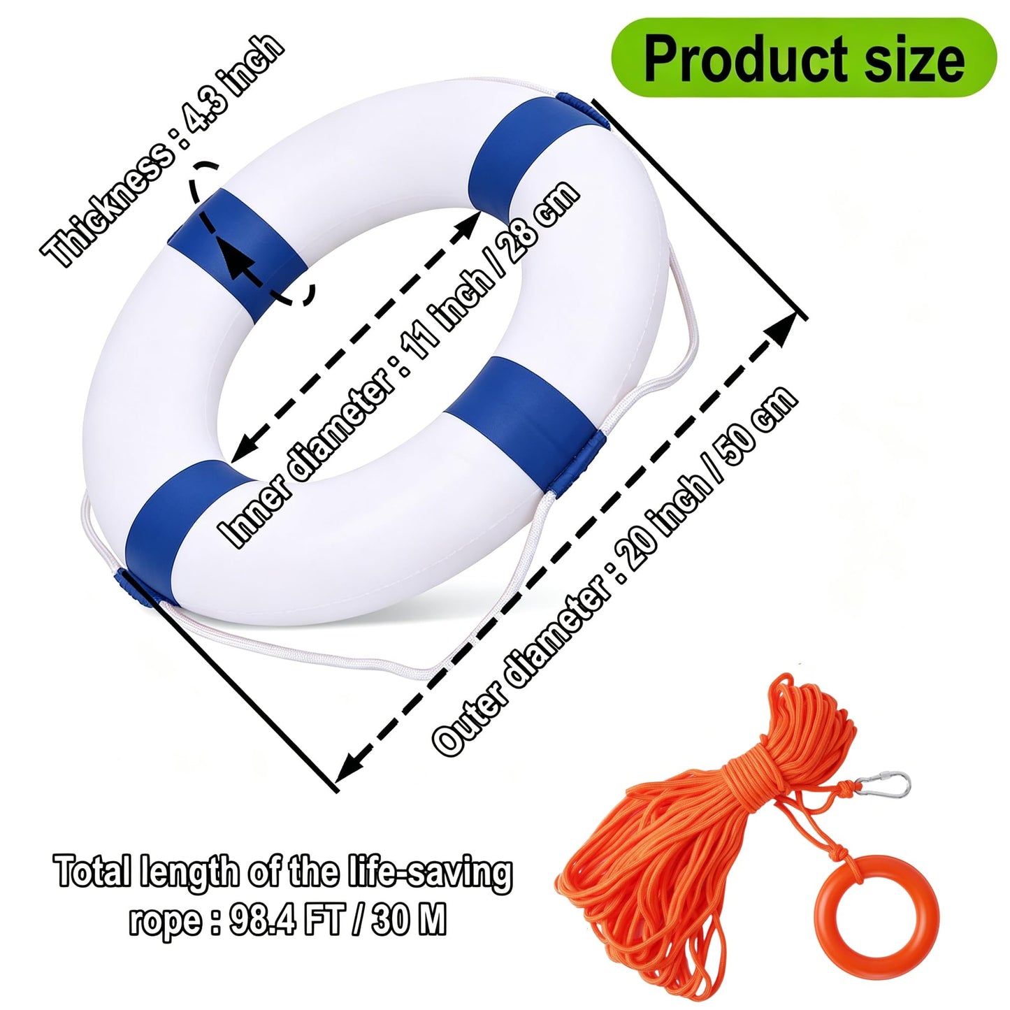 Lifebuoy Set 20Inch Life Preserver Ring and Water Floating Lifesaving Rope