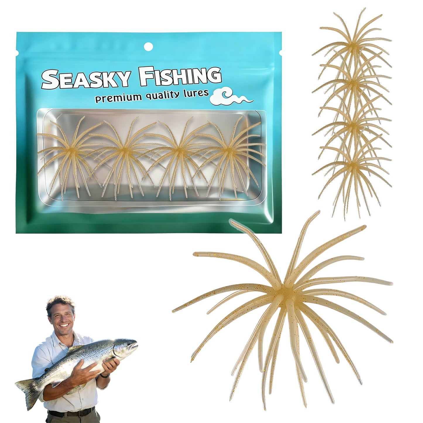 4Pcs Dice Bait, Floating TPR Swimbait with Reflective Stars,Tentacle Creature Lure, Sea Urchin Style Soft Plastic Baits, for Bass Fishing Drop Shot, Wacky Rig/Neko Rig and Finesse, Slow Sinking