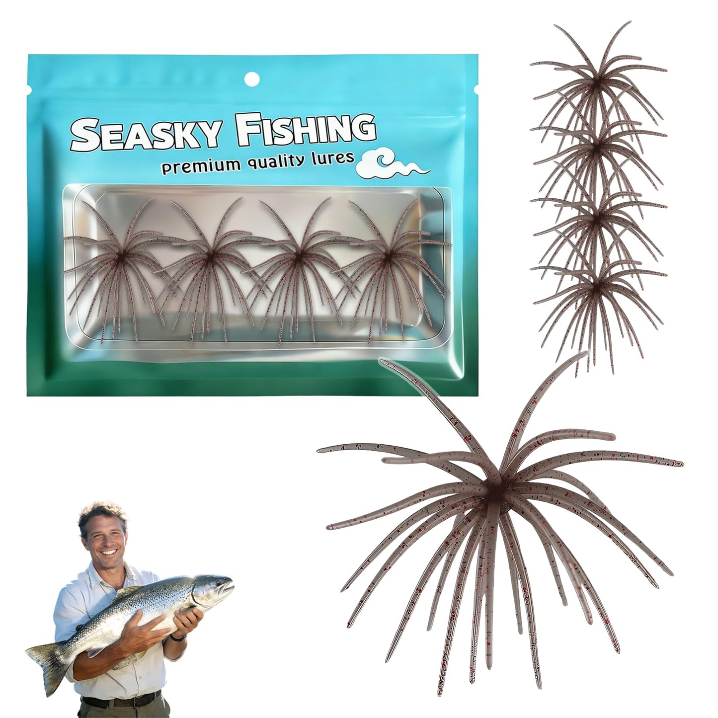 4Pcs Dice Bait, Floating TPR Swimbait with Reflective Stars,Tentacle Creature Lure, Sea Urchin Style Soft Plastic Baits, for Bass Fishing Drop Shot, Wacky Rig/Neko Rig and Finesse, Slow Sinking