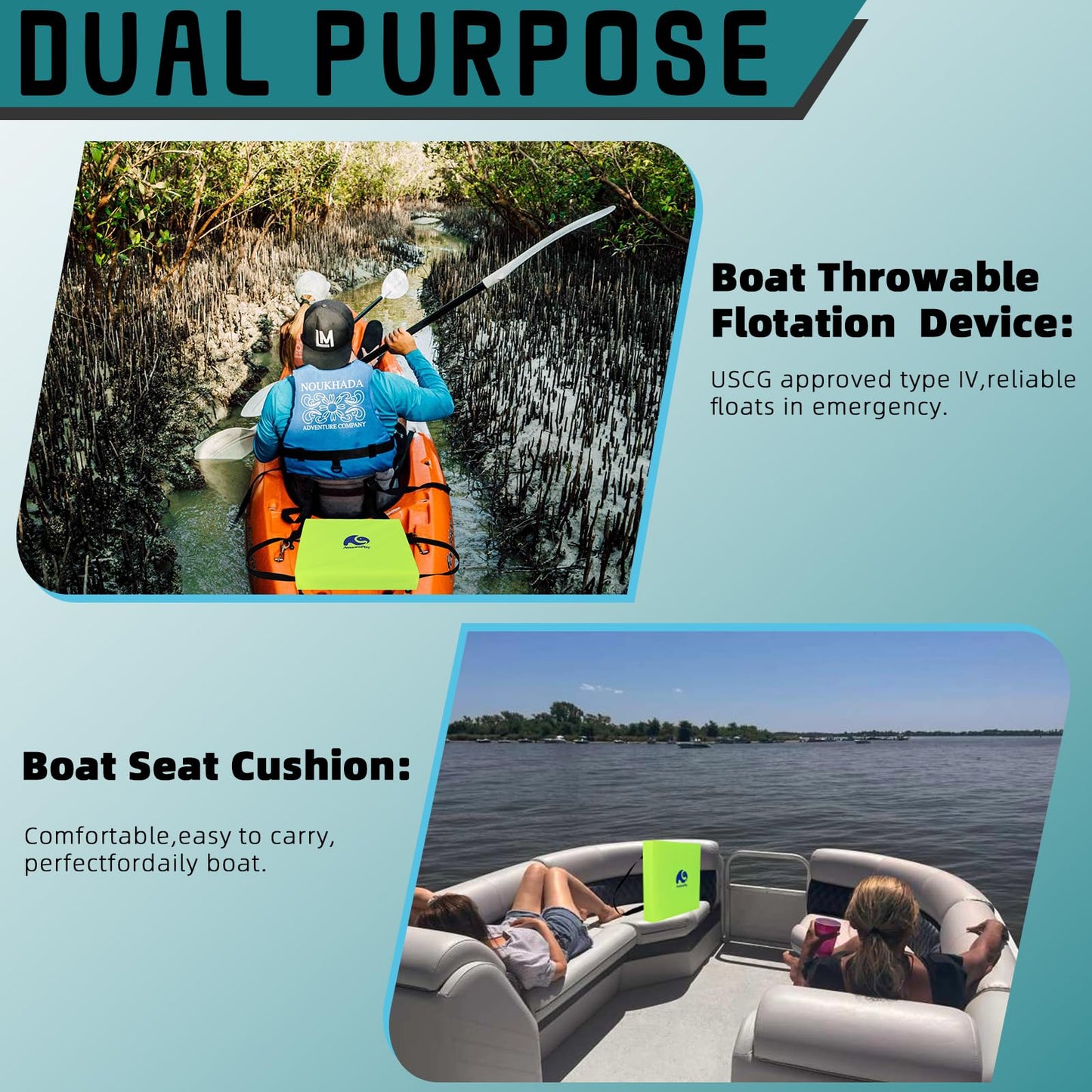 2 Pack Throwable Flotation Cushion, USCG Approved Type IV PFD Boat Throw Seat Cushion Life Preserver