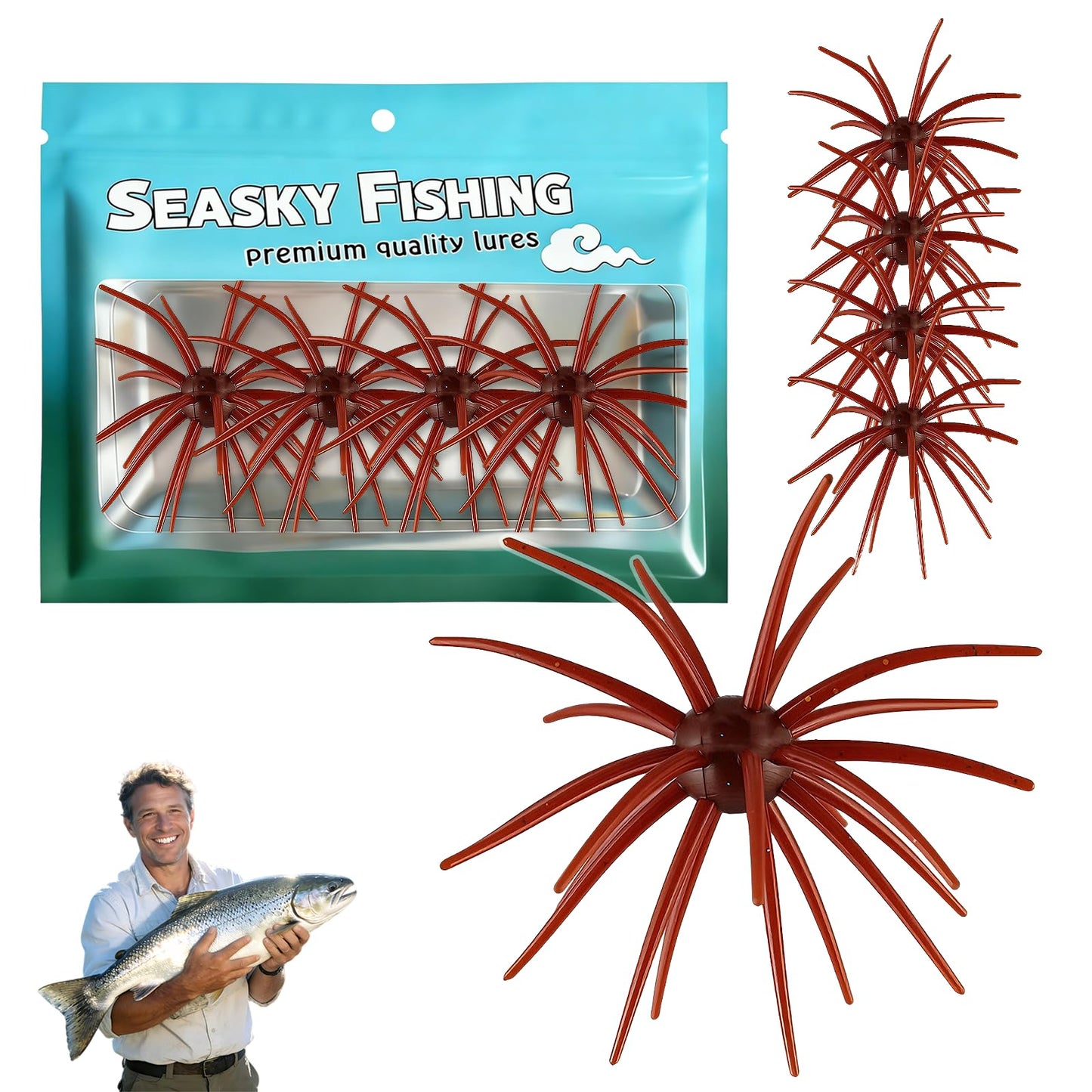 4Pcs Dice Bait, Floating TPR Swimbait with Reflective Stars,Tentacle Creature Lure, Sea Urchin Style Soft Plastic Baits, for Bass Fishing Drop Shot, Wacky Rig/Neko Rig and Finesse, Slow Sinking