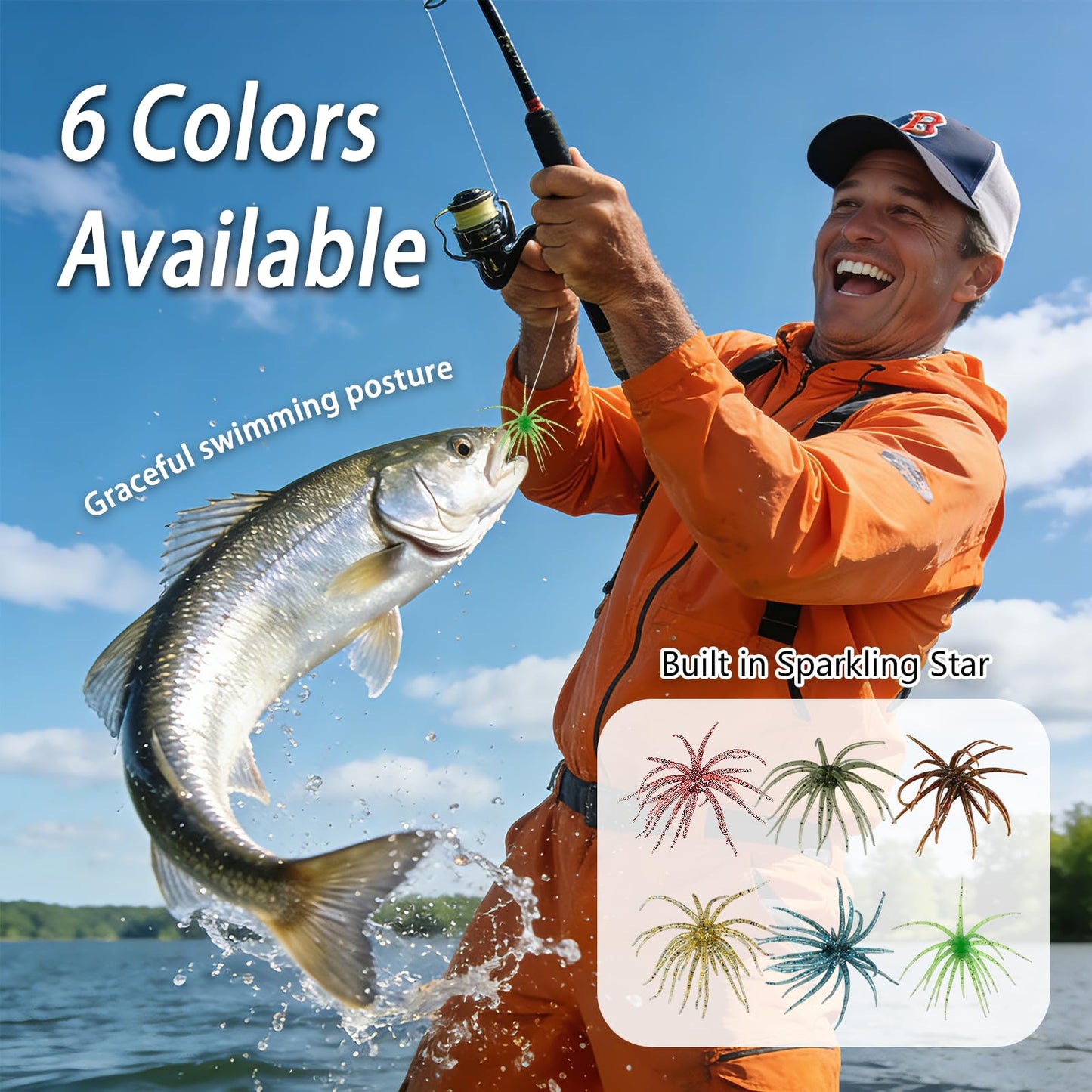 4Pcs Dice Bait, Floating TPR Swimbait with Reflective Stars,Tentacle Creature Lure, Sea Urchin Style Soft Plastic Baits, for Bass Fishing Drop Shot, Wacky Rig/Neko Rig and Finesse, Slow Sinking
