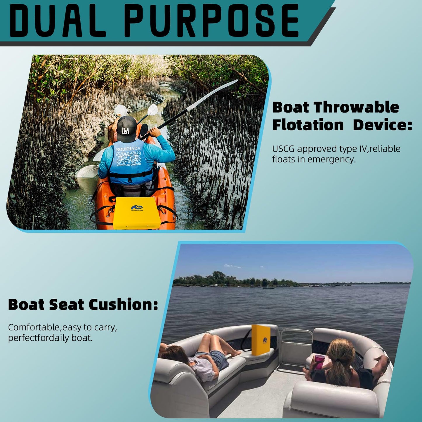 2 Pack Throwable Flotation Cushion, USCG Approved Type IV PFD Boat Throw Seat Cushion Life Preserver