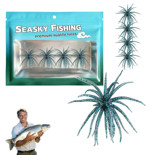 4Pcs Dice Bait, Floating TPR Swimbait with Reflective Stars,Tentacle Creature Lure, Sea Urchin Style Soft Plastic Baits, for Bass Fishing Drop Shot, Wacky Rig/Neko Rig and Finesse, Slow Sinking