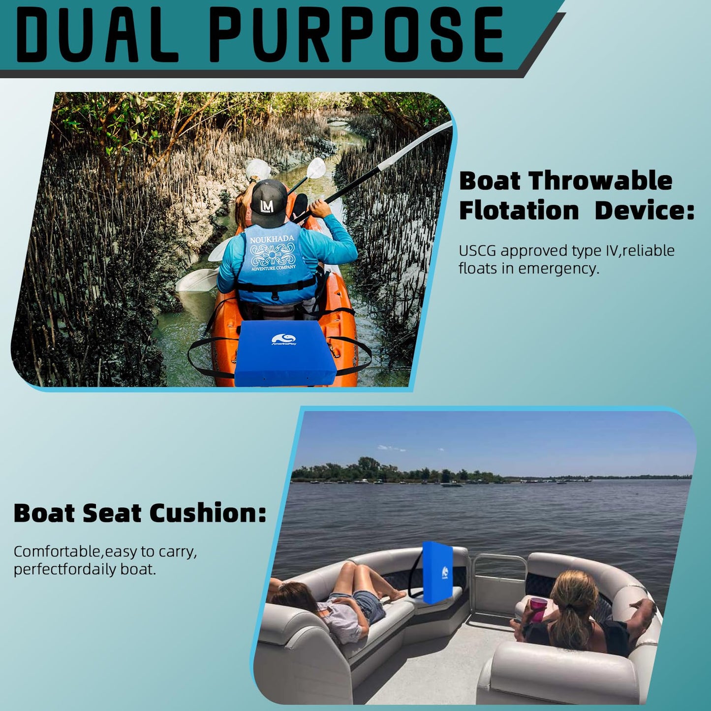 2 Pack Throwable Flotation Cushion, USCG Approved Type IV PFD Boat Throw Seat Cushion Life Preserver